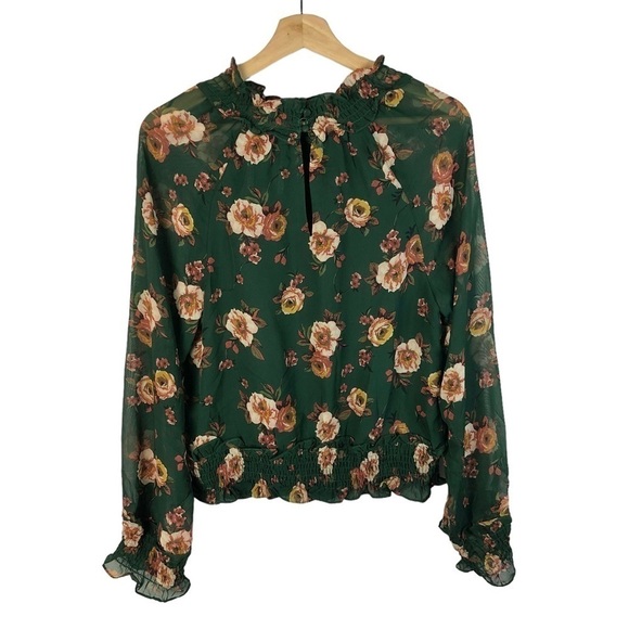 JOA Alia Green Floral Sheer Smocked Waist Mock Neck Long Sleeve Blouse S - Picture 5 of 7